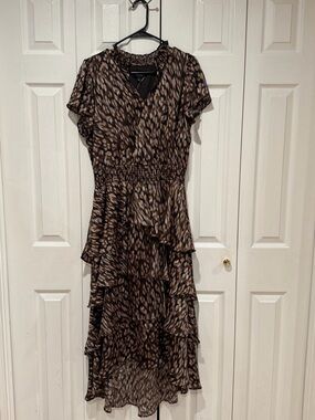 MSK Brown Print High-Low Ruffle Midi Dress